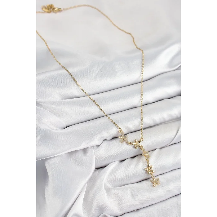 BUĞZ 316L Çelik Zirkon Taşlı Çiçek Model Gold Renk Kadın Kolye