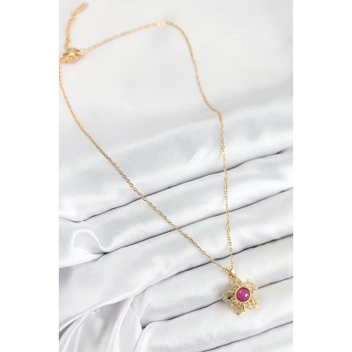 BUĞZ 316L Çelik Zirkon Taşlı Döner Güneş Model Gold Renk Kadın Kolye