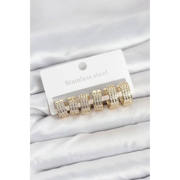 BUĞZ 316L Çelik Zirkon Taşlı Gold Halka Küpe Seti