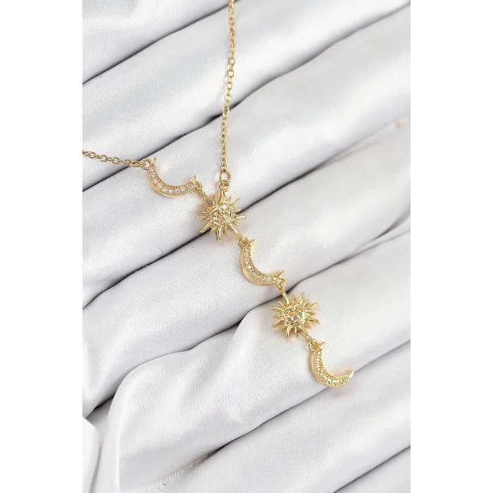 BUĞZ 316L Çelik Zirkon Taşlı Güneş Ve Ay Model Gold Renk Kadın Kolye