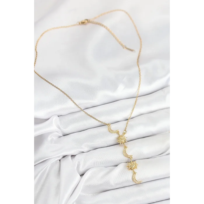 BUĞZ 316L Çelik Zirkon Taşlı Güneş Ve Ay Model Gold Renk Kadın Kolye