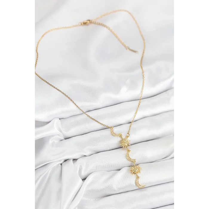 BUĞZ 316L Çelik Zirkon Taşlı Güneş Ve Ay Model Gold Renk Kadın Kolye - Lisinya