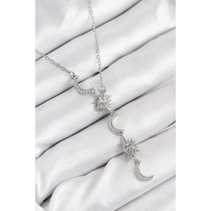 BUĞZ 316L Çelik Zirkon Taşlı Güneş Ve Ay Model Gümüş Renk Kadın Kolye