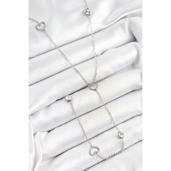 BUĞZ 316L Çelik Zirkon Taşlı Kalp Figürlü Y Model Gümüş Renk Kadın Kolye