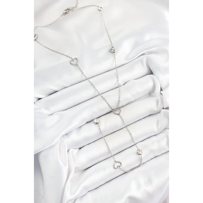 BUĞZ 316L Çelik Zirkon Taşlı Kalp Figürlü Y Model Gümüş Renk Kadın Kolye - Lisinya