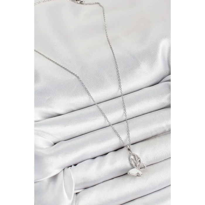 BUĞZ 316L Çelik Zirkon Taşlı Kelebek Model Gümüş Renk Kadın Kolye - Lisinya