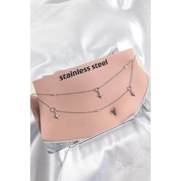 BUĞZ 316L Çelik Zirkon Taşlı Kutup Yıldızı Model Gümüş Renk Göbek Bel Zinciri