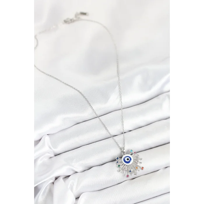 BUĞZ 316L Çelik Zirkon Taşlı Nazar Model Gümüş Renk Kadın Kolye - Lisinya