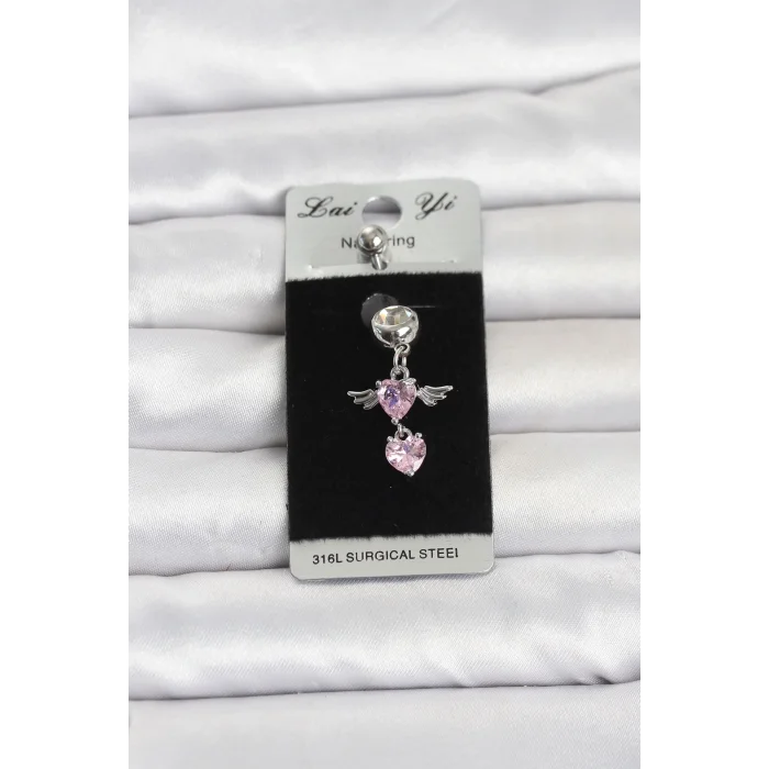 BUĞZ 316L Cerrahi Çelik Pembe Zirkon Taşlı Kanat Model Göbek Piercing