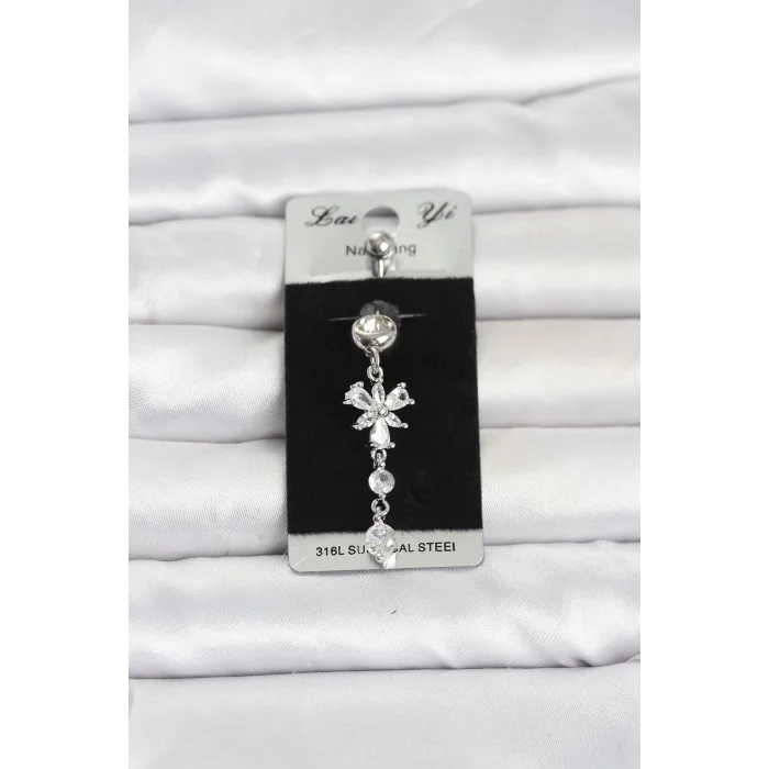 BUĞZ 316L Cerrahi Çelik Sallantılı Zirkon Taşlı Model Göbek Piercing