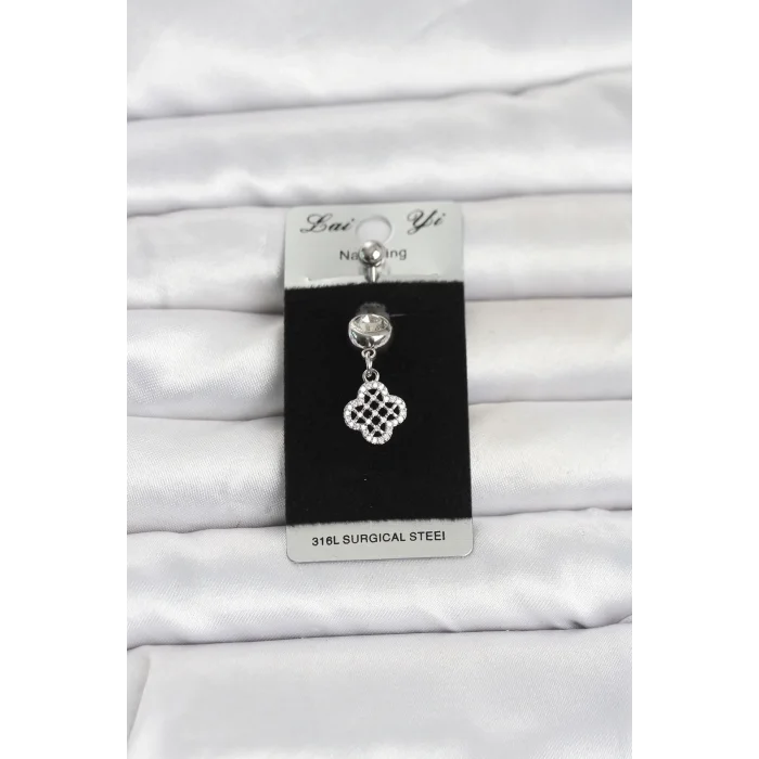 BUĞZ 316L Cerrahi Çelik Zirkon Taşlı Sallantılı Yonca Model Göbek Piercing
