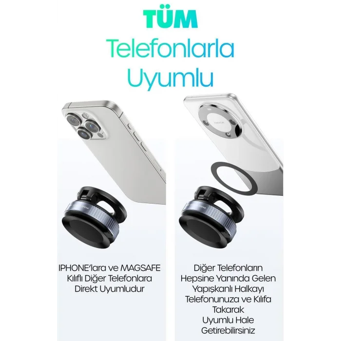 BUĞZ 360 Araba Telefon Tutucu Ayarlanabilir Masa Üstü Vakumlu Mıknatıslı Magsafe Telefon Tutucu Siyah
