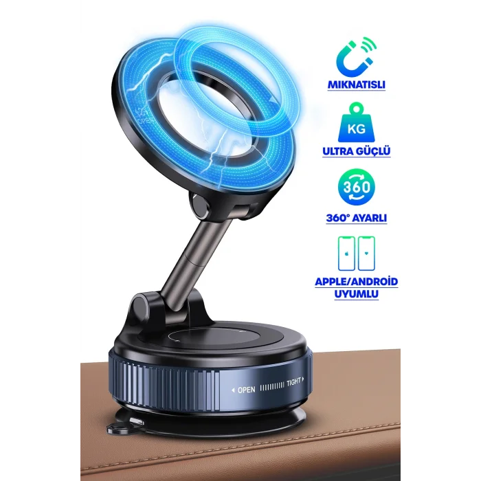BUĞZ 360 Araba Telefon Tutucu Ayarlanabilir Masa Üstü Vakumlu Mıknatıslı Magsafe Telefon Tutucu Siyah