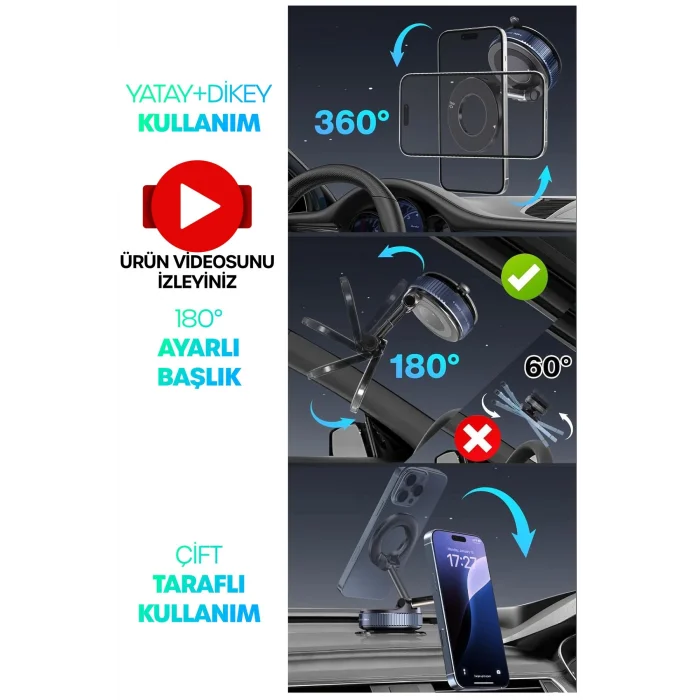 BUĞZ 360 Araba Telefon Tutucu Ayarlanabilir Masa Üstü Vakumlu Mıknatıslı Magsafe Telefon Tutucu Siyah