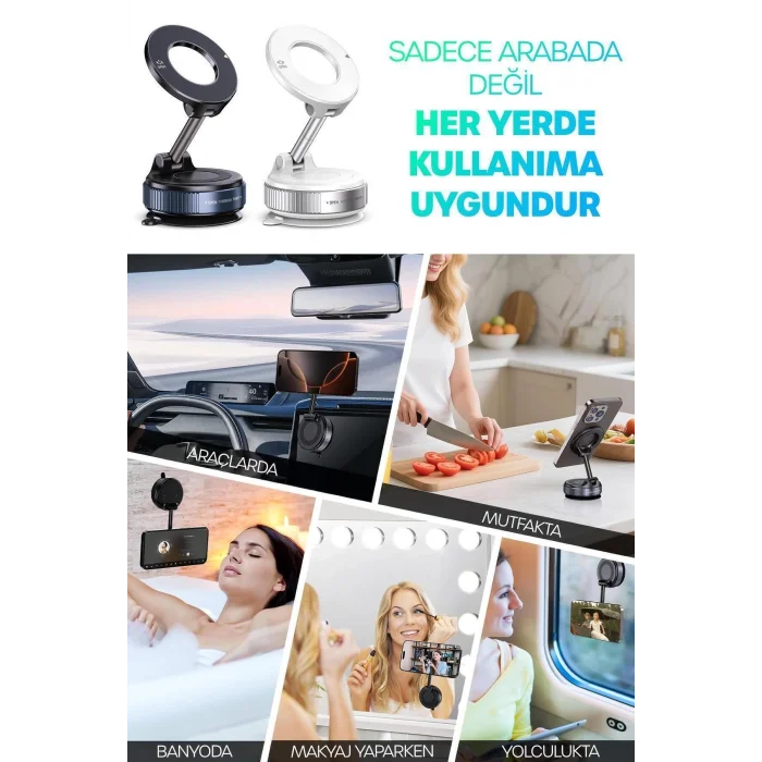 BUĞZ 360 Araba Telefon Tutucu Ayarlanabilir Masa Üstü Vakumlu Mıknatıslı Magsafe Telefon Tutucu Siyah