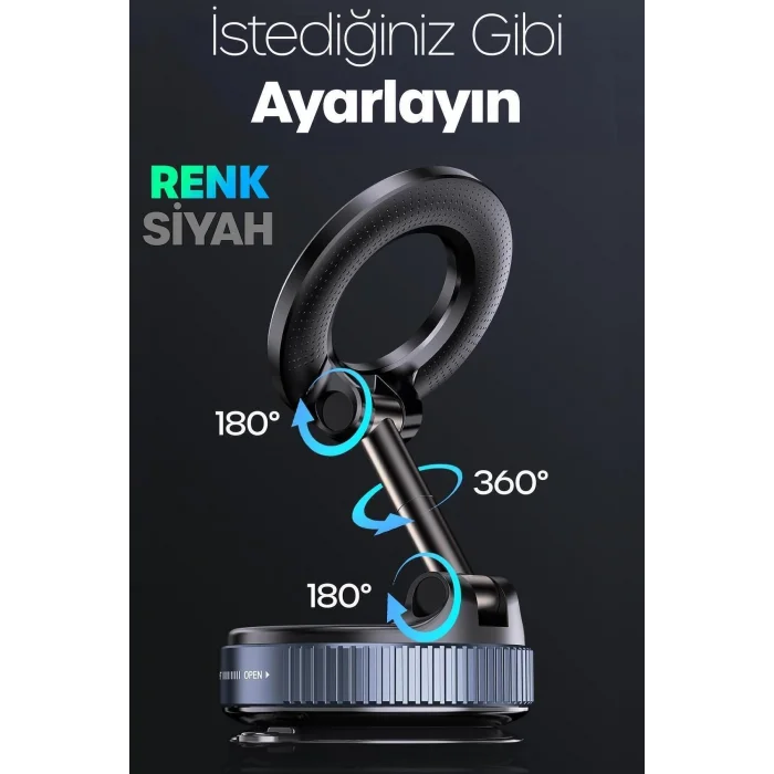 BUĞZ 360 Araba Telefon Tutucu Ayarlanabilir Masa Üstü Vakumlu Mıknatıslı Magsafe Telefon Tutucu Siyah