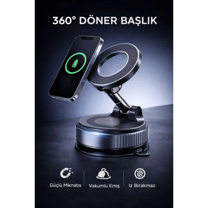 BUĞZ 360° Ayarlanabilir Vakumlu Manyetik Telefon Tutucu – Güçlü Mıknatıs, İz Bırakmaz Tasarım