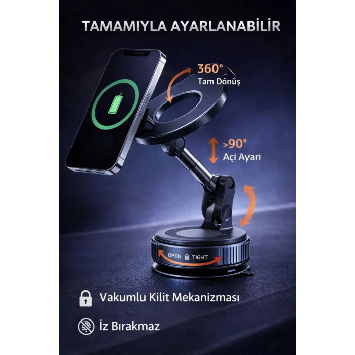 BUĞZ 360° Ayarlanabilir Vakumlu Manyetik Telefon Tutucu – Güçlü Mıknatıs, İz Bırakmaz Tasarım