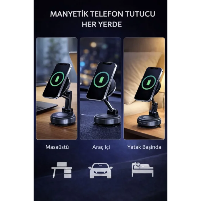 BUĞZ 360° Ayarlanabilir Vakumlu Manyetik Telefon Tutucu – Güçlü Mıknatıs, İz Bırakmaz Tasarım