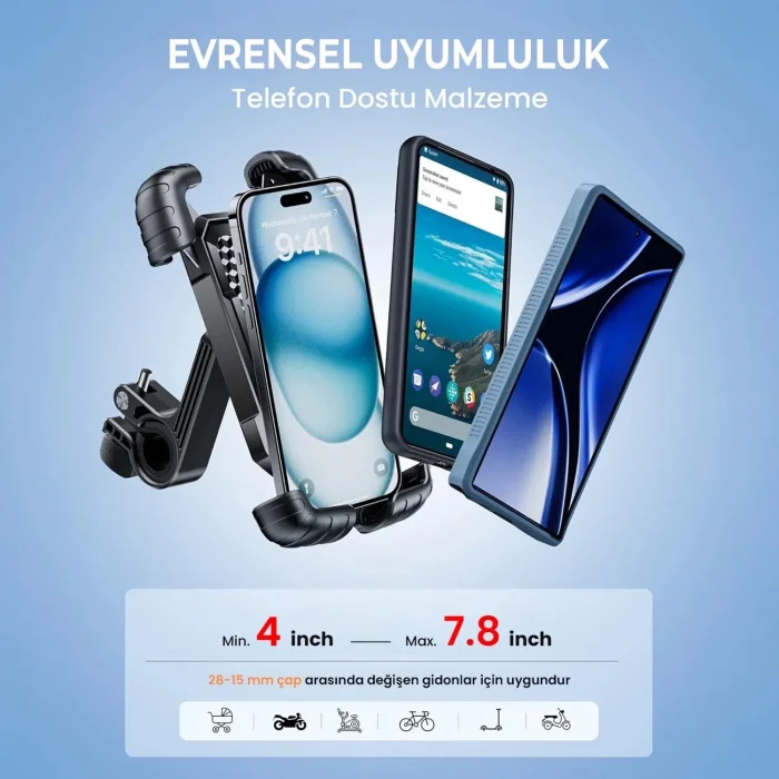 BUĞZ 360° Derece Ayarlanabilen Gidon Bağlantılı Bisiklet Motosiklet İçin Abs 4-7.8″ İnç Telefon Tutucu