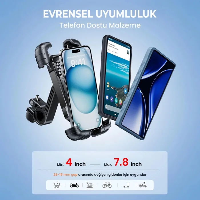 BUĞZ 360° Derece Ayarlanabilen Gidon Bağlantılı Bisiklet Motosiklet İçin Abs 4-7.8″ İnç Telefon Tutucu