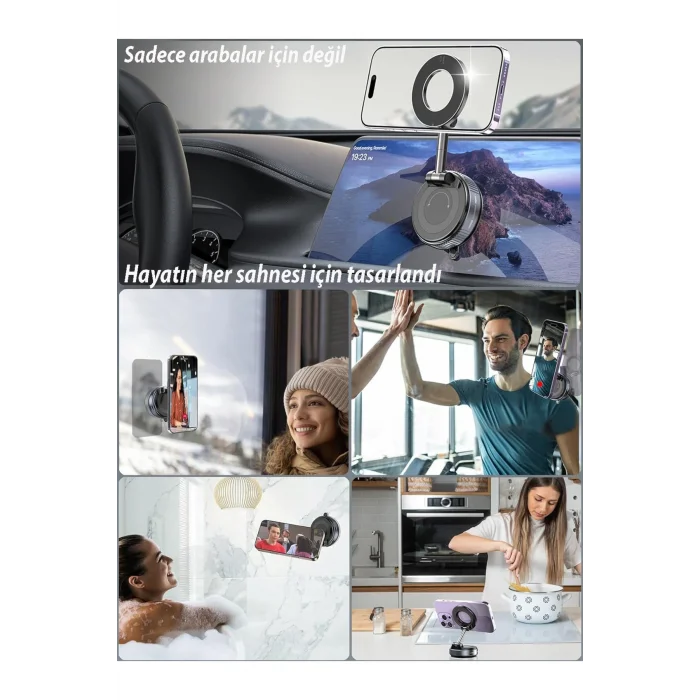 BUĞZ 360 derece dönebilen, MagSafe uyumlu vakumlu telefon tutuculu sehpa. Siyah renklidir.