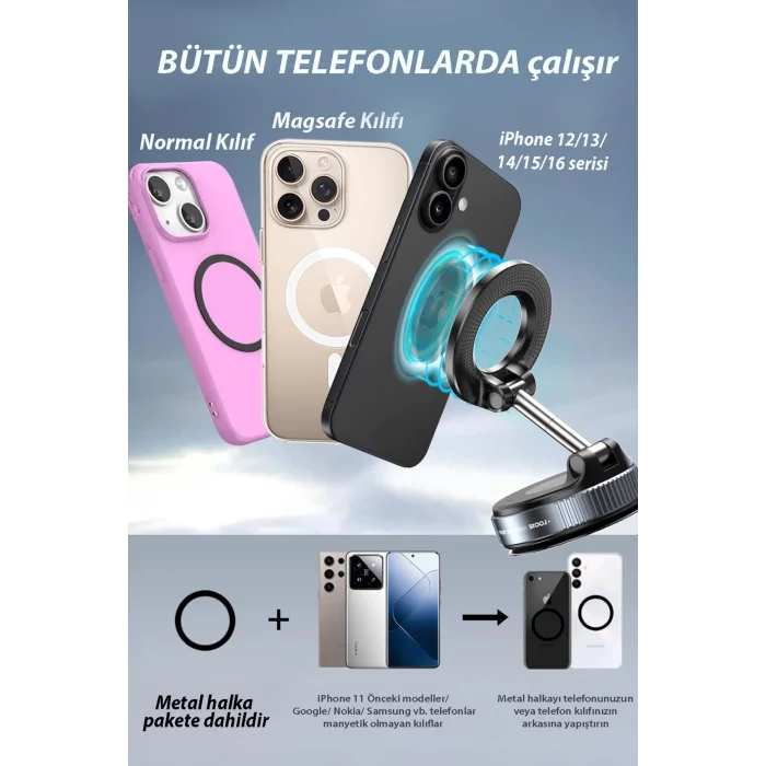 BUĞZ 360 derece dönebilen, MagSafe uyumlu vakumlu telefon tutuculu sehpa. Siyah renklidir.