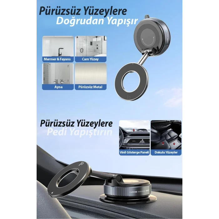 BUĞZ 360 derece dönebilen, MagSafe uyumlu vakumlu telefon tutuculu sehpa. Siyah renklidir.