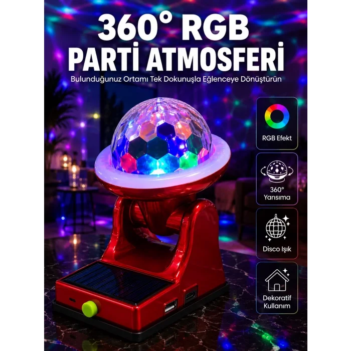 BUĞZ 360° RGB LED Disco Işığı Ayarlanabilir Başlıklı Güneş Enerjili Projektör Lamba