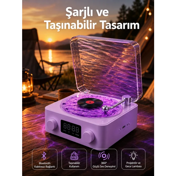 BUĞZ 360° Sesli Kablosuz Hoparlör – Retro Tasarım ve Projektör Işığı