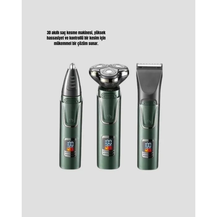 BUĞZ 3D Akıllı Kesim Teknolojili Şarjlı Tıraş Seti – 3 Başlıklı, Paslanmaz Çelik Bıçaklı - Lisinya