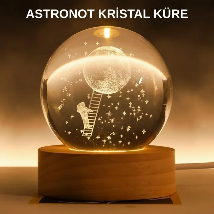 BUĞZ 3D Astronot Kristal Küre Gece Lambası USB Ahşap Standlı Dekoratif Işık