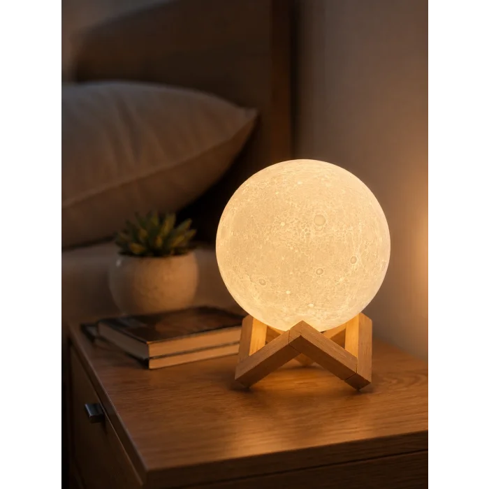 BUĞZ 3D Ay Gece Lambası Ahşap Standlı Dekoratif LED Masa Lambası