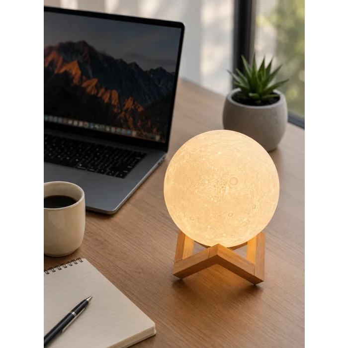 BUĞZ 3D Ay Gece Lambası Ahşap Standlı Dekoratif LED Masa Lambası