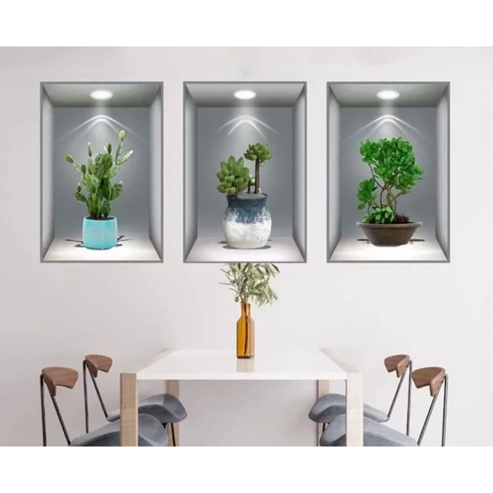  3D Çiçek Vazo Duvar Sticker 3 lü Set GRİ Fon