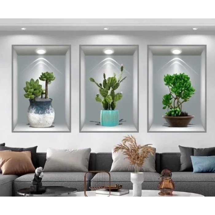  3D Çiçek Vazo Duvar Sticker 3 lü Set GRİ Fon