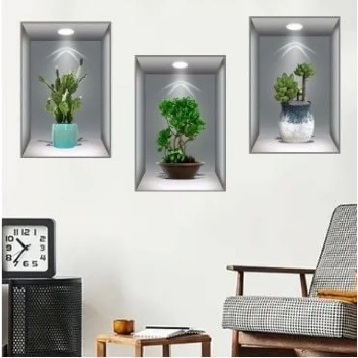 3D Çiçek Vazo Duvar Sticker 3 lü Set GRİ Fon