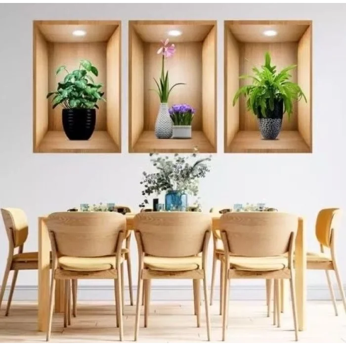  3D Çiçek Vazo Duvar Sticker 3 lü Set Kahverengi Fon