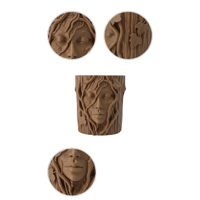 BUĞZ 3D Doğal Ahşap Görünümlü Yüz Detaylı Dekoratif Vazo Sanat Tasarım