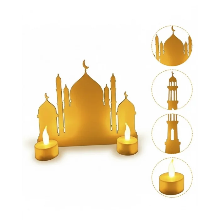 BUĞZ 3D İki Mumlu Cami Dekor 2 Pilli LED Mum Hediyeli Masa Üstü Süs