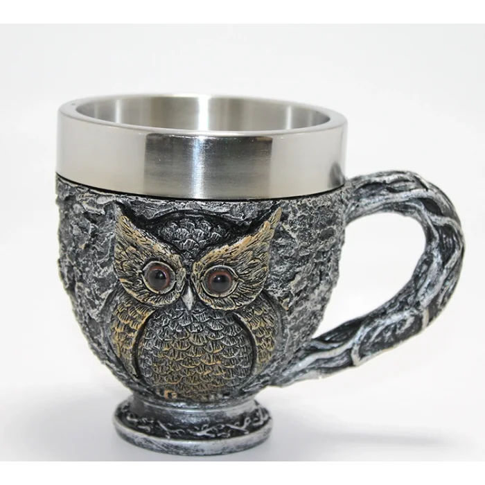 BUĞZ 3D Kabartmalı Baykuş Büstü Paslanmaz Çelik Kupa Bardak