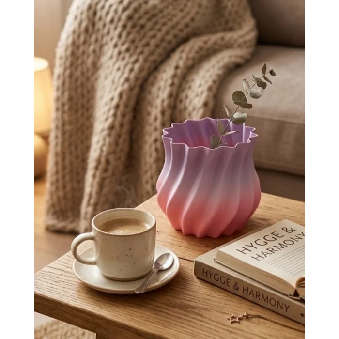 BUĞZ 3D Kıvrımlı Pembe Lila Vazo Modern Dekoratif Şık Ev Aksesuarı