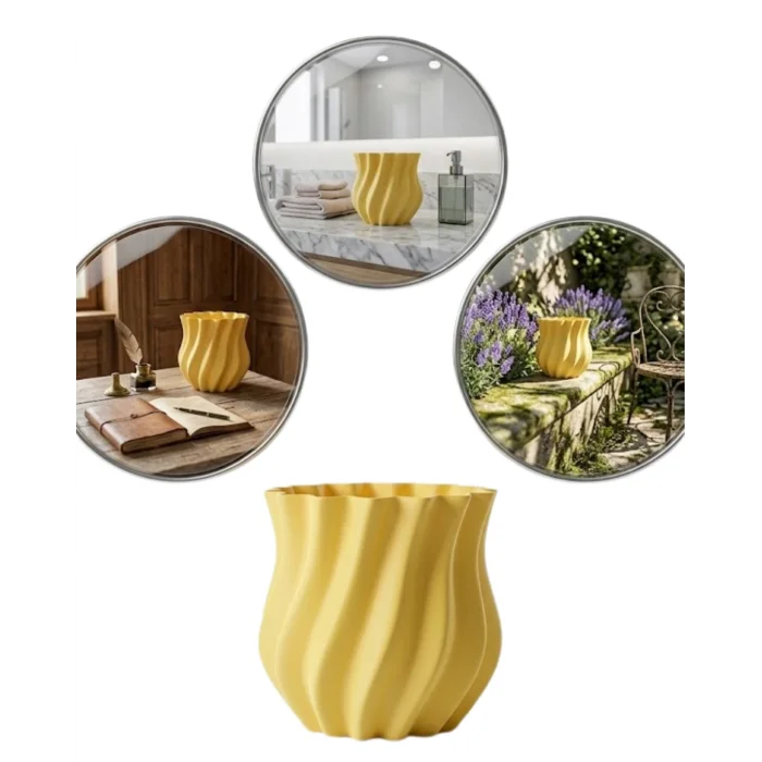 BUĞZ 3D Kıvrımlı Sarı Vazo Modern Dekoratif Ev Aksesuarı Şık Tasarım