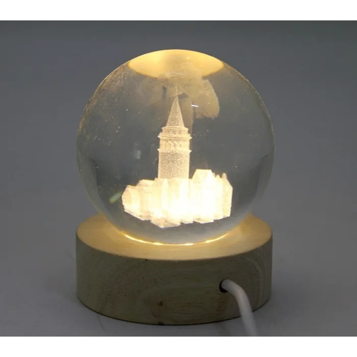 BUĞZ 3d Kristal Cam Küre Ahşap Soketli İstanbul Temalı Led Lamba Aalk2575