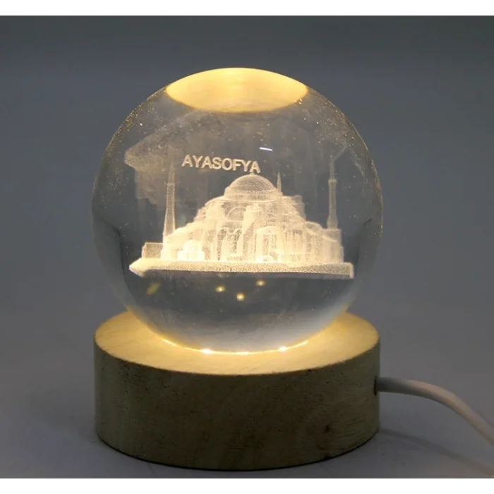 BUĞZ 3d Kristal Cam Küre Ahşap Soketli İstanbul Temalı Led Lamba Alk2573