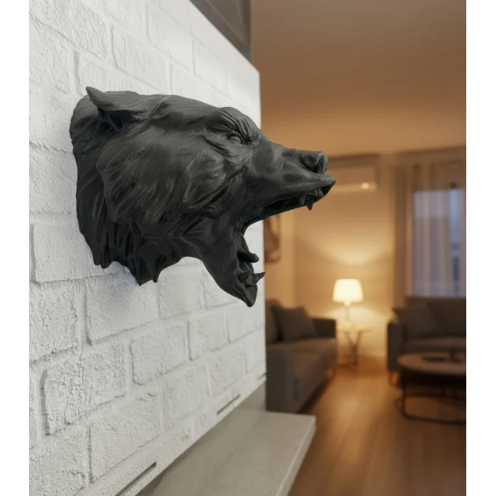 BUĞZ 3D Siyah Ayı Başı Duvar Süsü Özel Tasarım Dekoratif Heykel 25x19 cm
