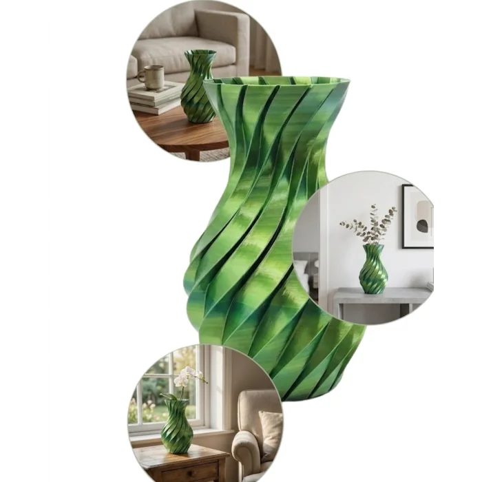 BUĞZ 3D Spiral Yeşil Vazo Modern Tasarım Dekoratif Ev Aksesuarı