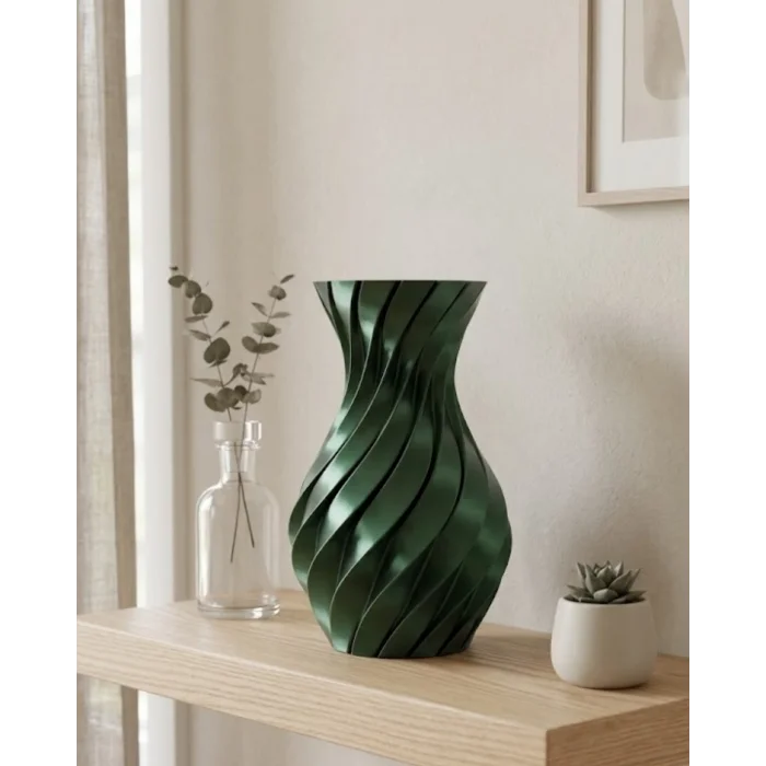BUĞZ 3D Spiral Yeşil Vazo Modern Tasarım Dekoratif Ev ve Ofis Aksesuarı