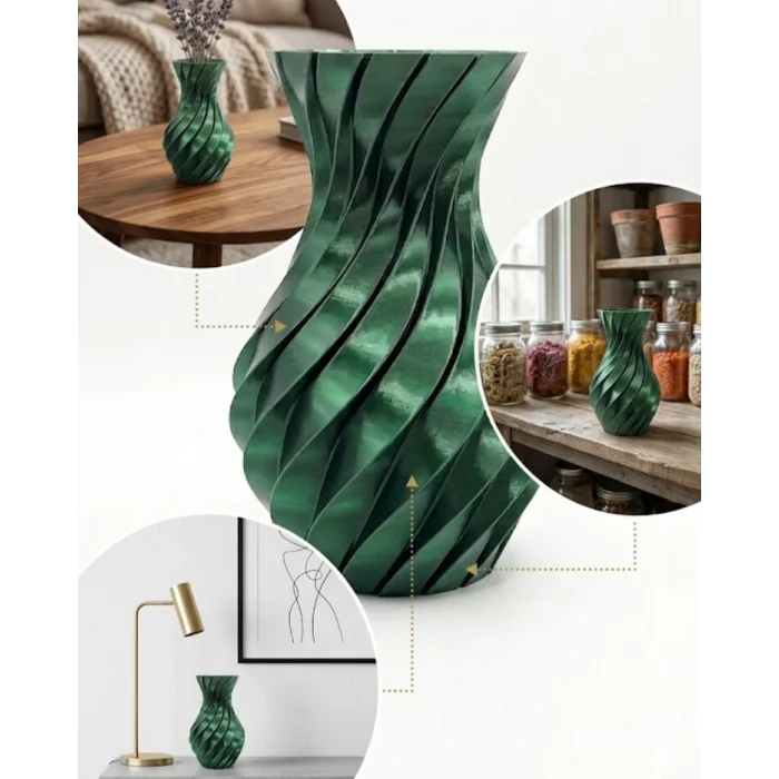 BUĞZ 3D Spiral Yeşil Vazo Modern Tasarım Dekoratif Ev ve Ofis Aksesuarı