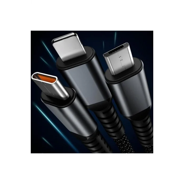 BUĞZ 3in1 100w Hızlı Şarj Ve Data Kablosu, 1.2m Halat Örgü Kırılmaz Uç, Usb-c Lightning Micro Uyumlu, Dayanıklı Çoklu Cihaz Şarj Kablosu